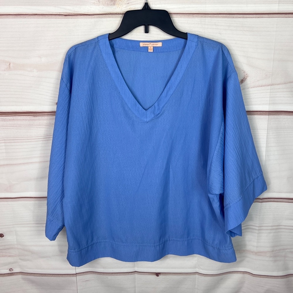 Gibson Latimer Top Womens S Blue Kimono Sleeve Blouse V-Neck Relaxed Fit Woven